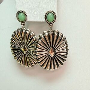 Silver-Tone w/ Green Acrylic Western Style Drop Earrings